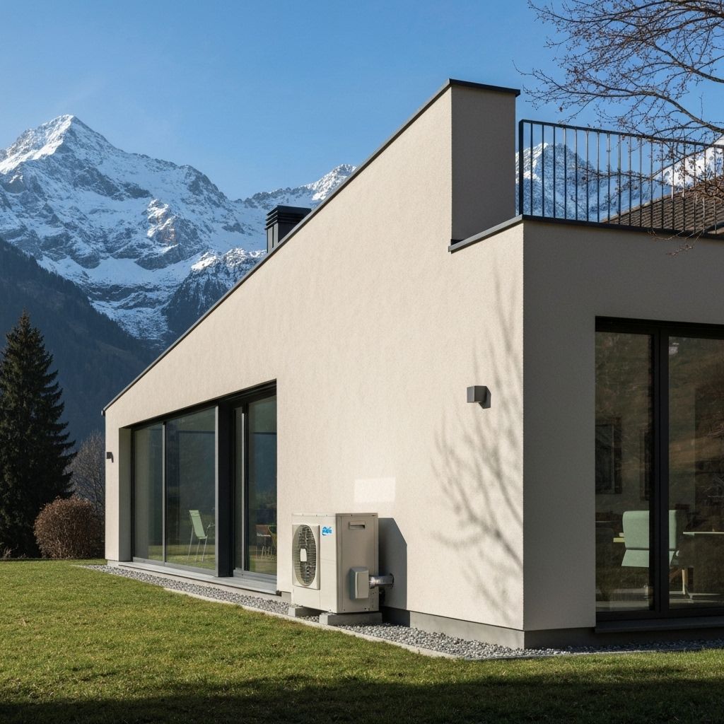 Moderne Wärmepumpe installiert vor einem Schweizer Einfamilienhaus mit Bergpanorama im Hintergrund